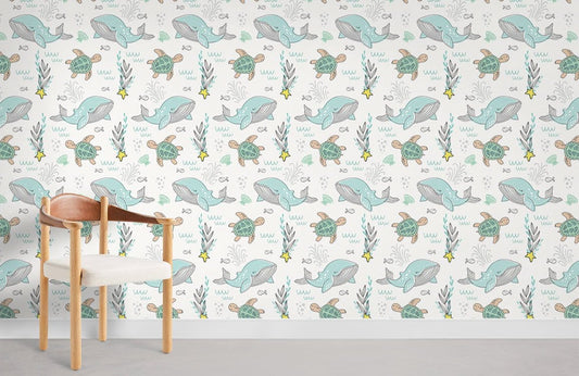 Whimsical Underwater Creatures Kids Wallpaper in child's room
