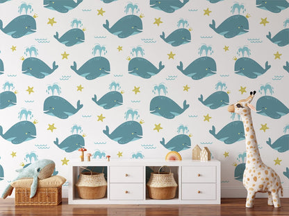 Whimsical Ocean Whales Kids Mural Wallpaper in children's room