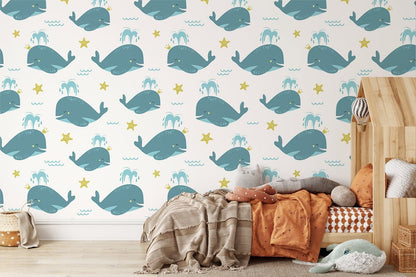 Whimsical Ocean Whales Kids Mural Wallpaper in bedroom