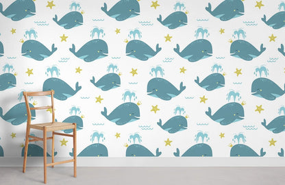 Whimsical Ocean Whales Kids Mural Wallpaper in children's room