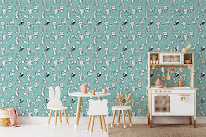 Whimsical Cat Pattern Teal Mural Wallpaper in playroom