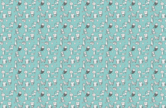 Whimsical Cat Pattern Teal Mural Wallpaper