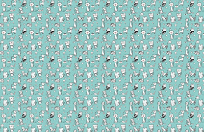 Whimsical Cat Pattern Teal Mural Wallpaper