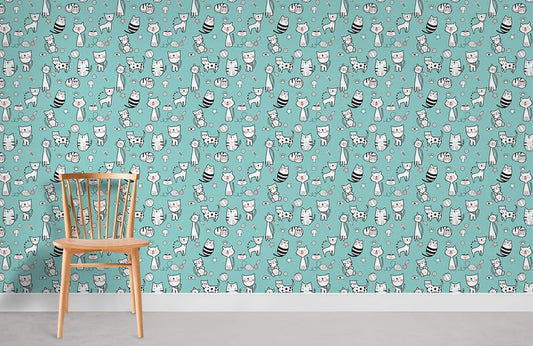 Whimsical Cat Pattern Teal Mural Wallpaper