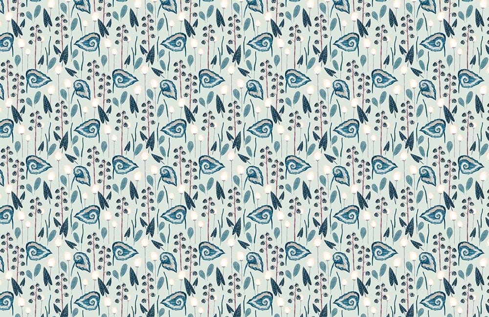 Blue Botanical Leaf Pattern Mural Wallpaper