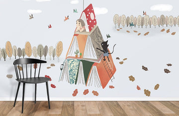 Whimsical Bookshelf Cat Mural Wallpaper