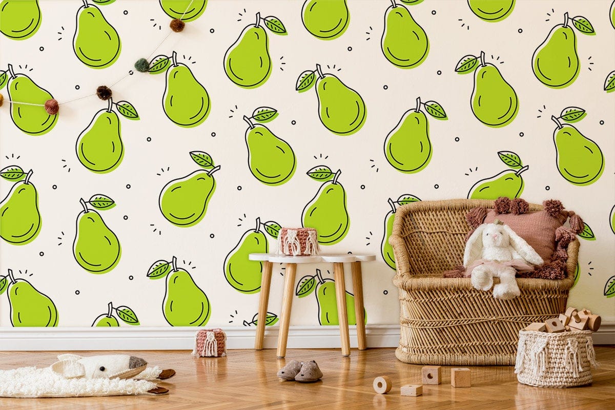 Little green Pear Repeat Pattern fruit Wallpaper for kids' Room decor