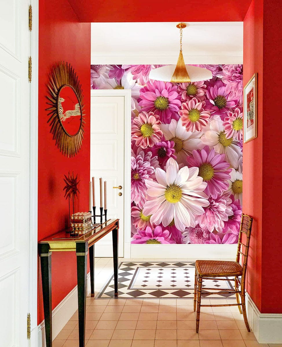 Hallway adornment wallpaper mural featuring a little pink daisy.