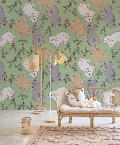 Whimsical Rabbit Garden Mural Wallpaper in playroom