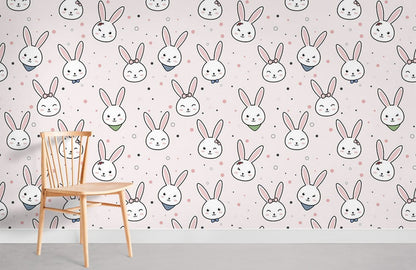 Whimsical Pink Bunny Pattern Mural Wallpaper in children's room