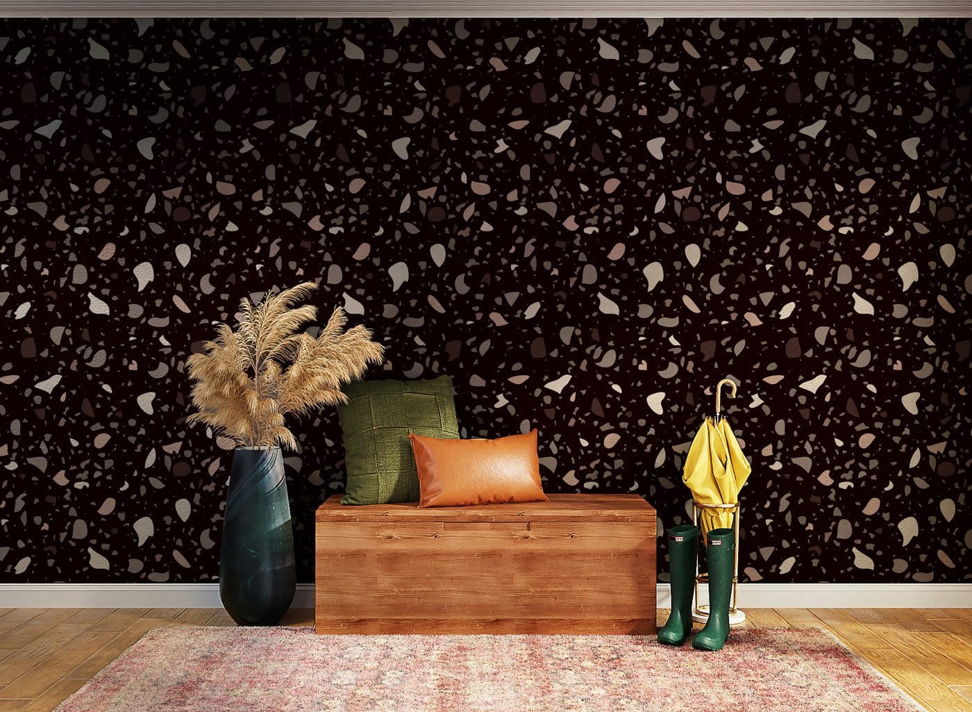 Wallpaper mural with a terrazzo and marble pattern in dark brown for the hallway's decor