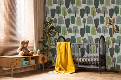 Whimsical Forest Green Tree Mural Wallpaper in nursery