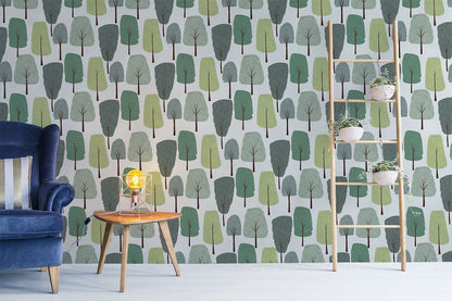 Whimsical Forest Green Tree Mural Wallpaper in living room