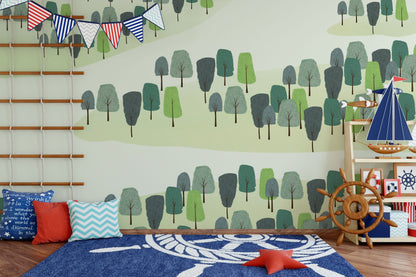 Whimsical Forest Tree Pattern Mural Wallpaper in playroom