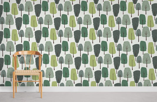 Whimsical Forest Green Tree Mural Wallpaper