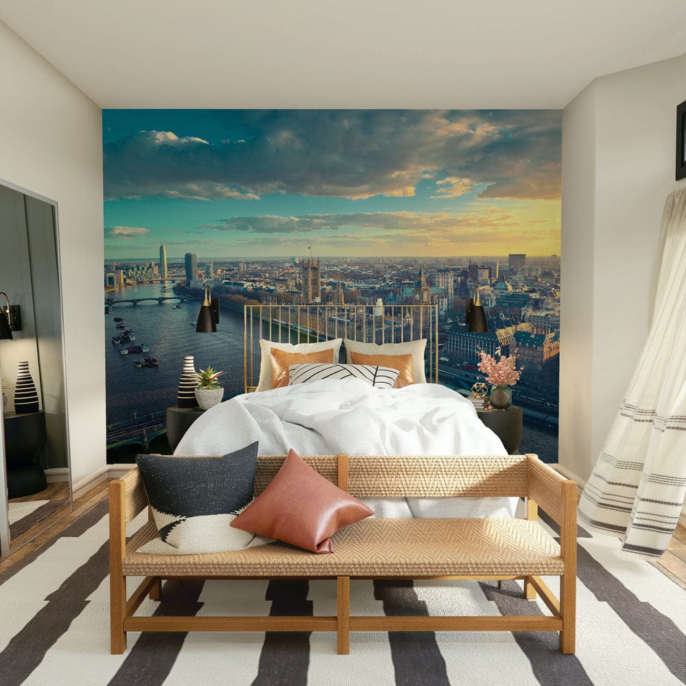 Wallpaper mural featuring a scene of London at dawn, ideal for use as a bedroom decoration.