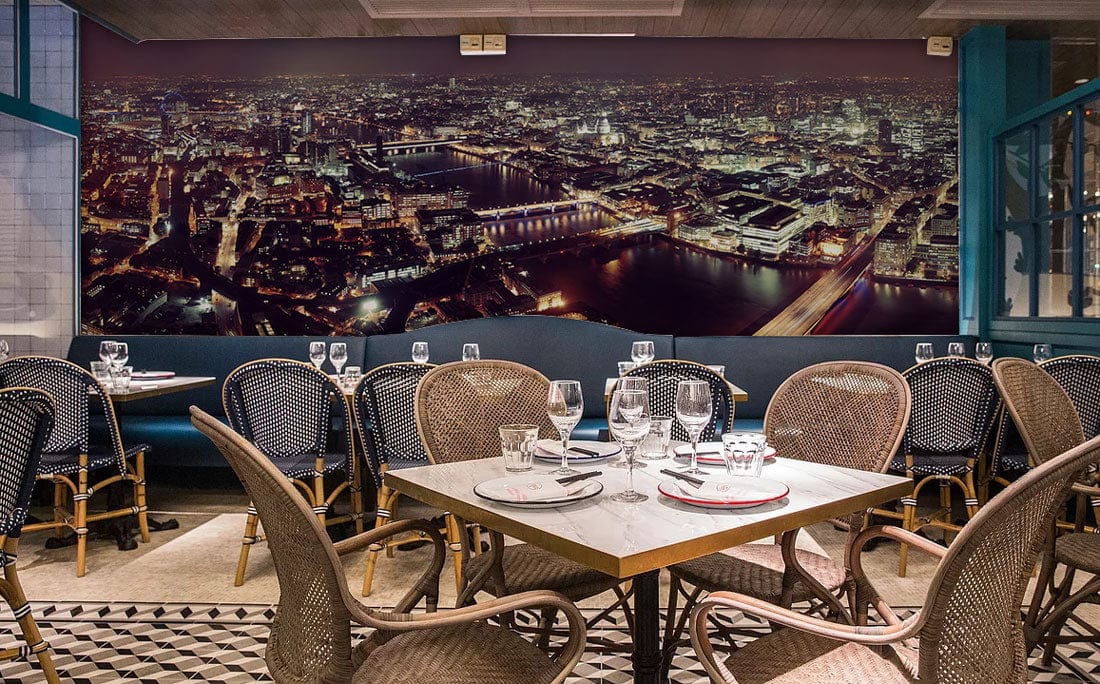 Wallpaper mural featuring the city of London at night, perfect for use in dining room decor.