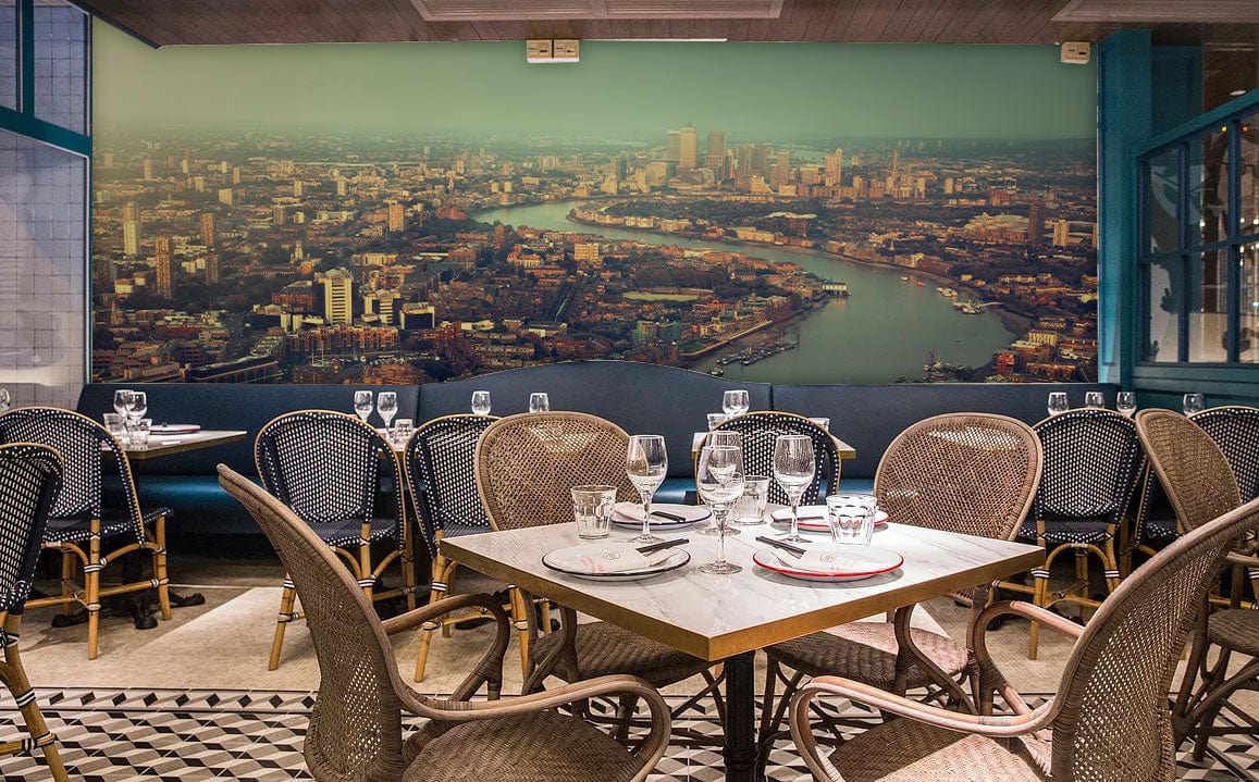 Wallpaper mural featuring London by the Thames for use in decorating the dining area