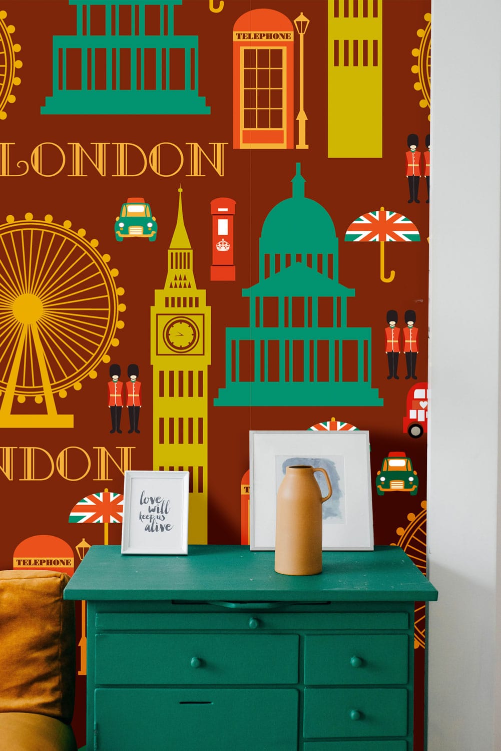 Hallway Decoration Featuring a Wallpaper Mural of London Landmark Patterns