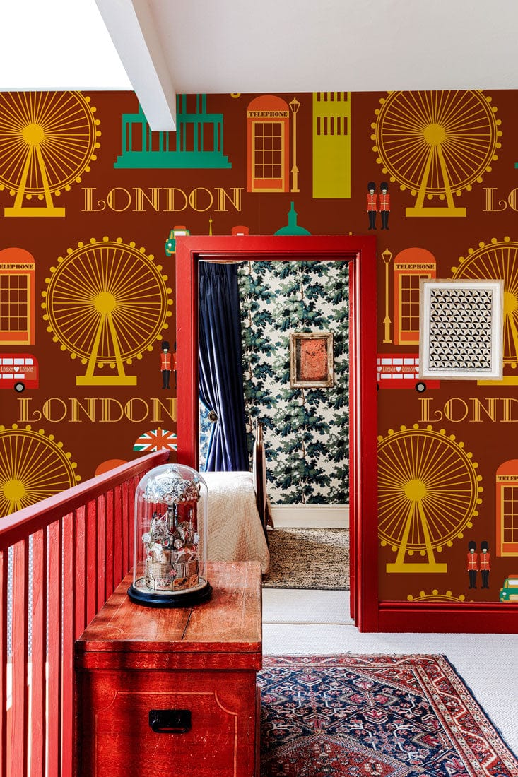 Decorate your hallway with this wallpaper mural featuring patterns of London landmarks.