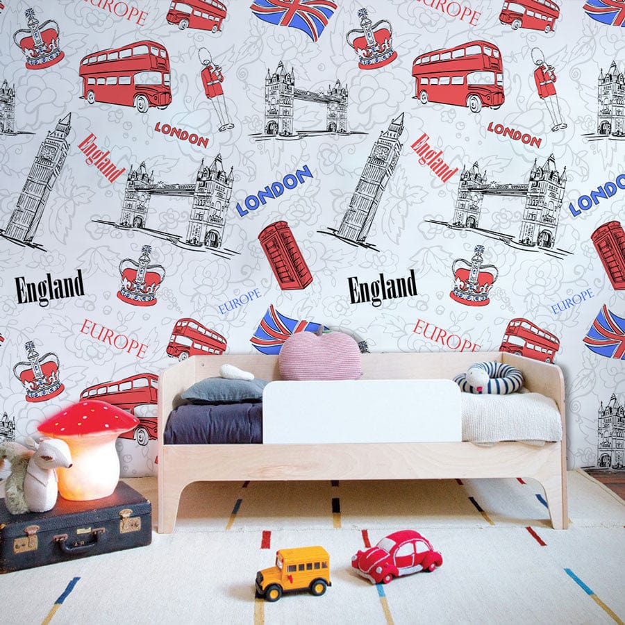 Vintage London Landmarks Illustration Mural Wallpaper