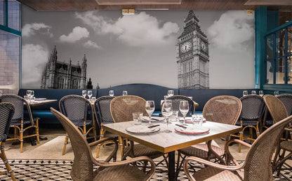 Wallpaper mural of a red London bus for use in interior decorating