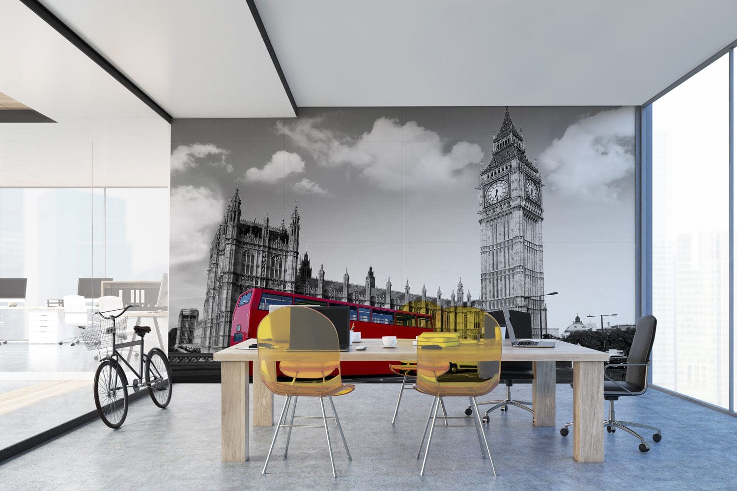 Wallpaper mural of a red London bus for use in interior design of an office