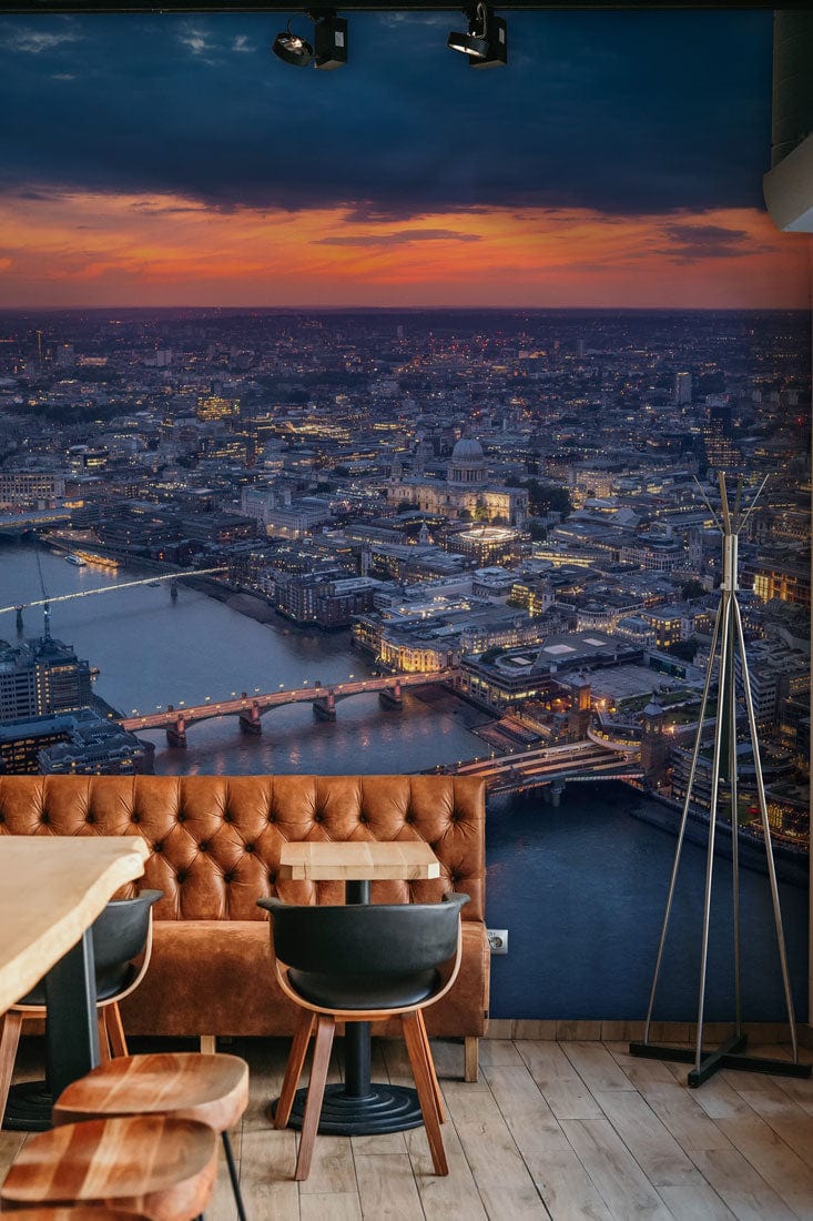 Wallpaper mural featuring a scene of London at sunset, perfect for decorating the dining room.