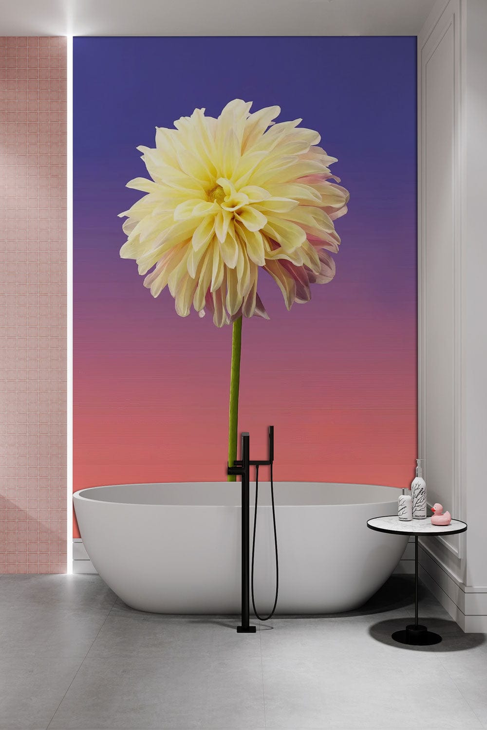 Bathroom Wall Decoration Featuring a Wallpaper Mural of a Lonely Dahlia