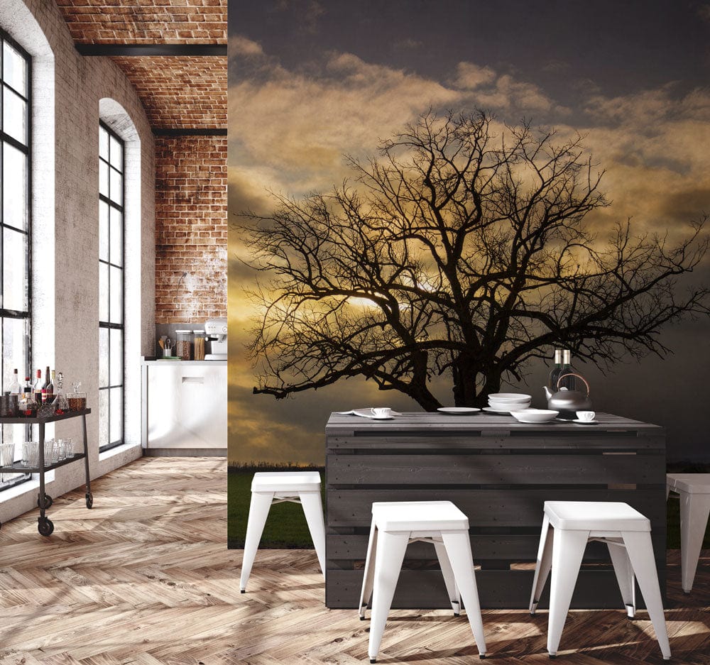Wallpaper mural featuring a lone tree scene for use in decorating the dining room.