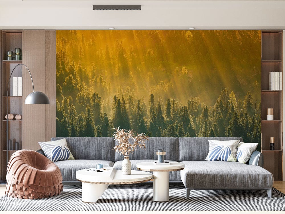 forest landscape wallpaper mural lounge interior design