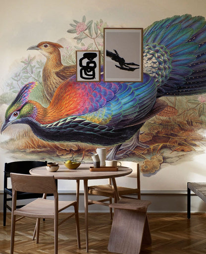Vibrant Peacock Botanical Garden Mural Wallpaper in dining room
