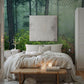 Bedroom decoration with wallpaper mural of a misty forest
