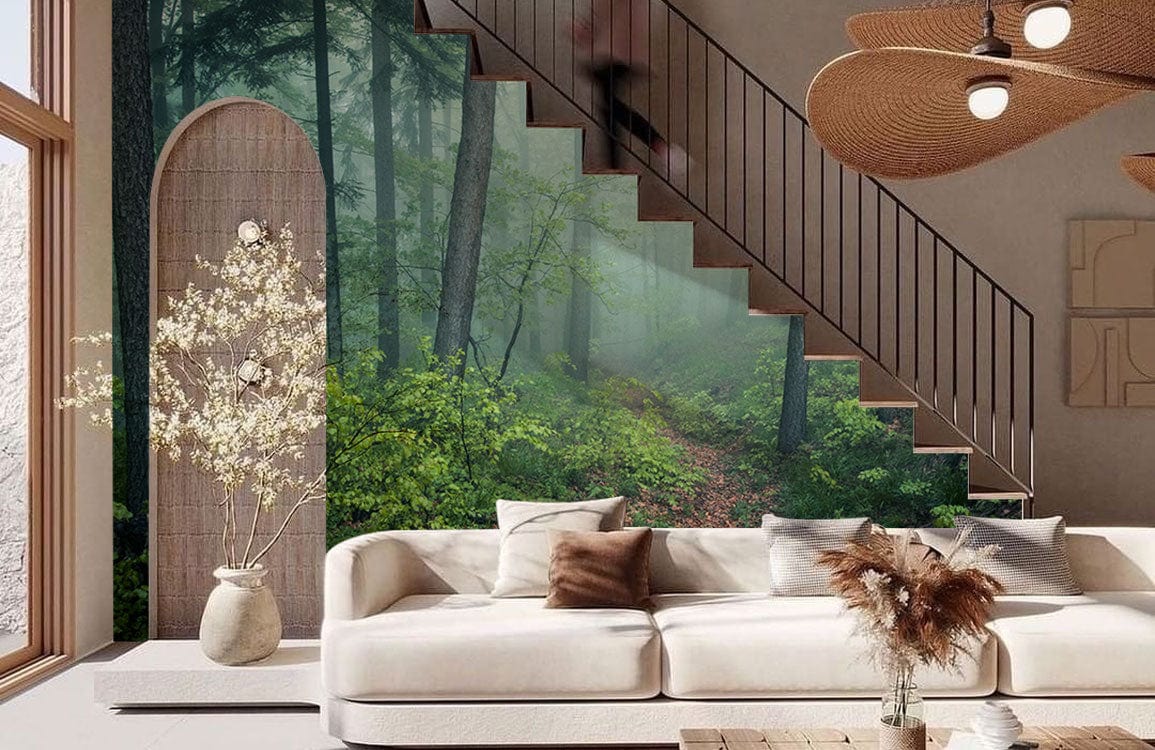 Bedroom decoration with wallpaper mural of a misty forest