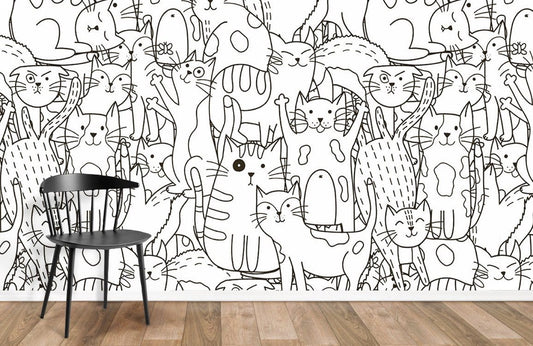 Lots of cute line cats black and white wallpaper for room