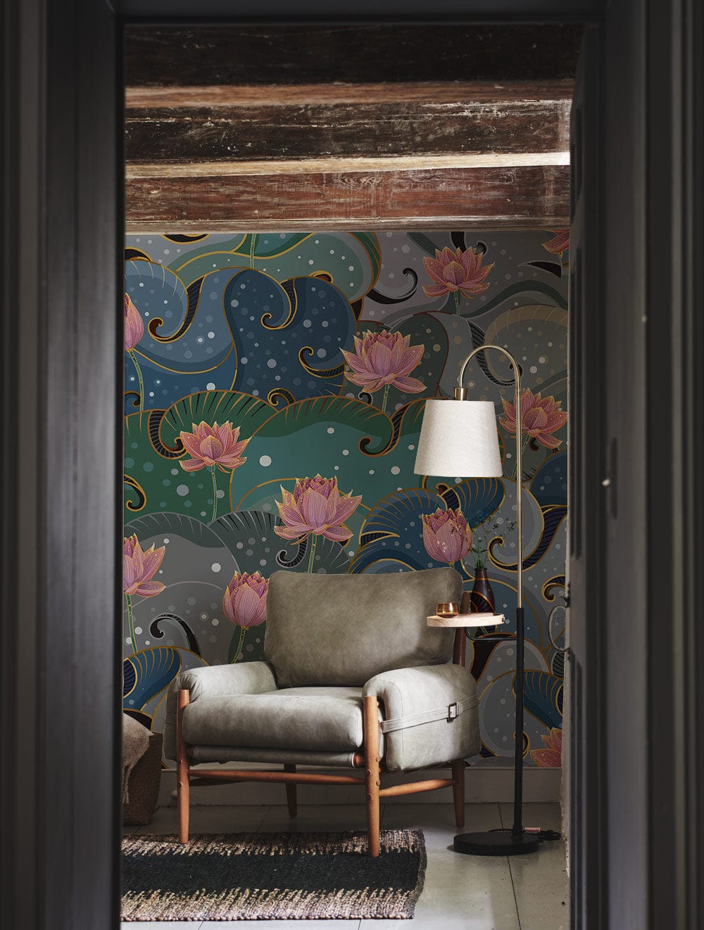 lotus and dewdrop in pond wall mural for hallway