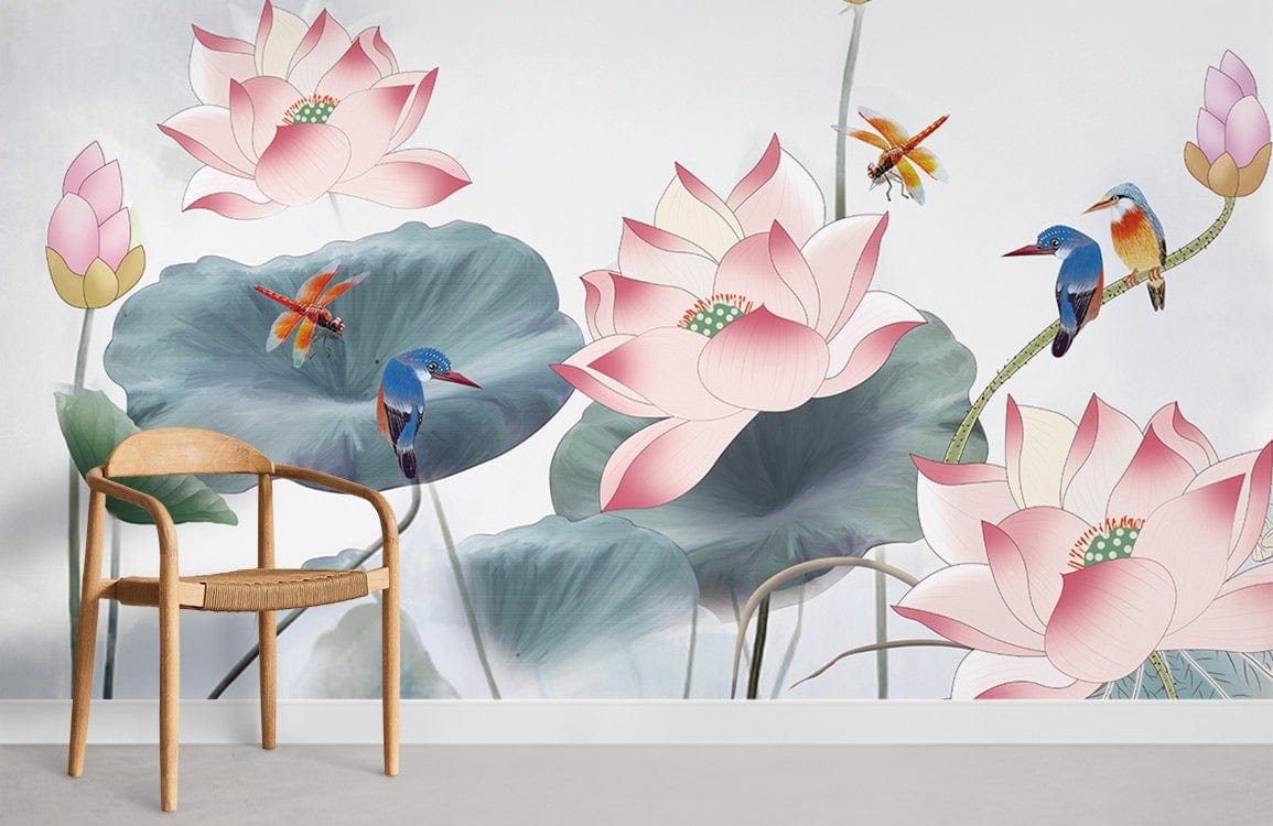 pink lotus and birds wallpaper mural room