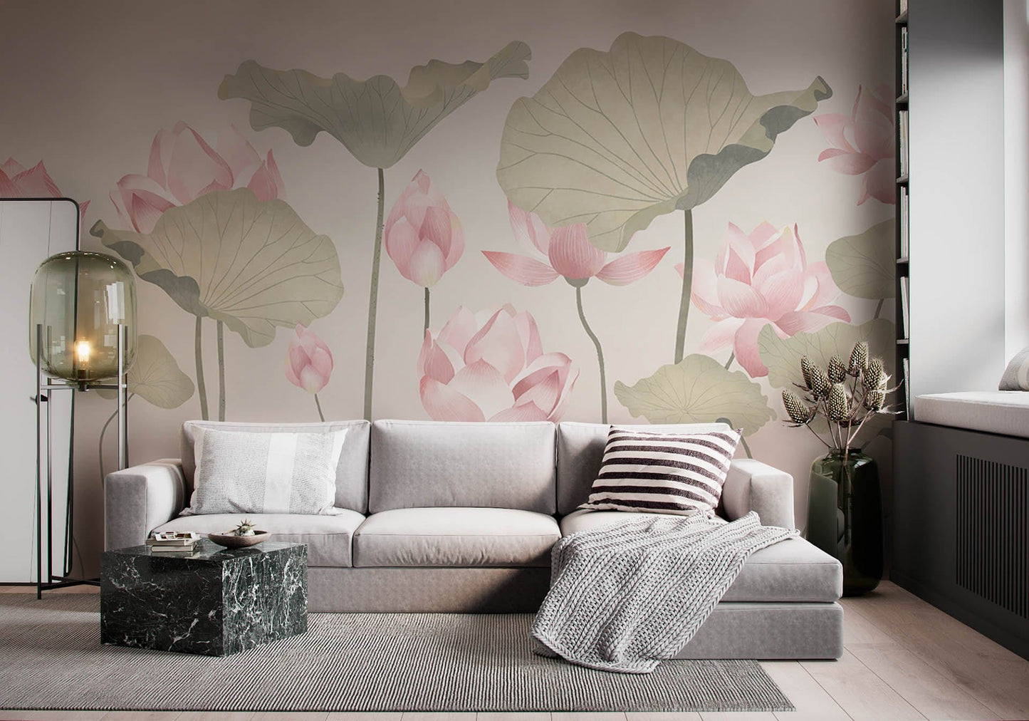 Living Room Decoration Featuring a Lotus Flower Wallpaper Mural