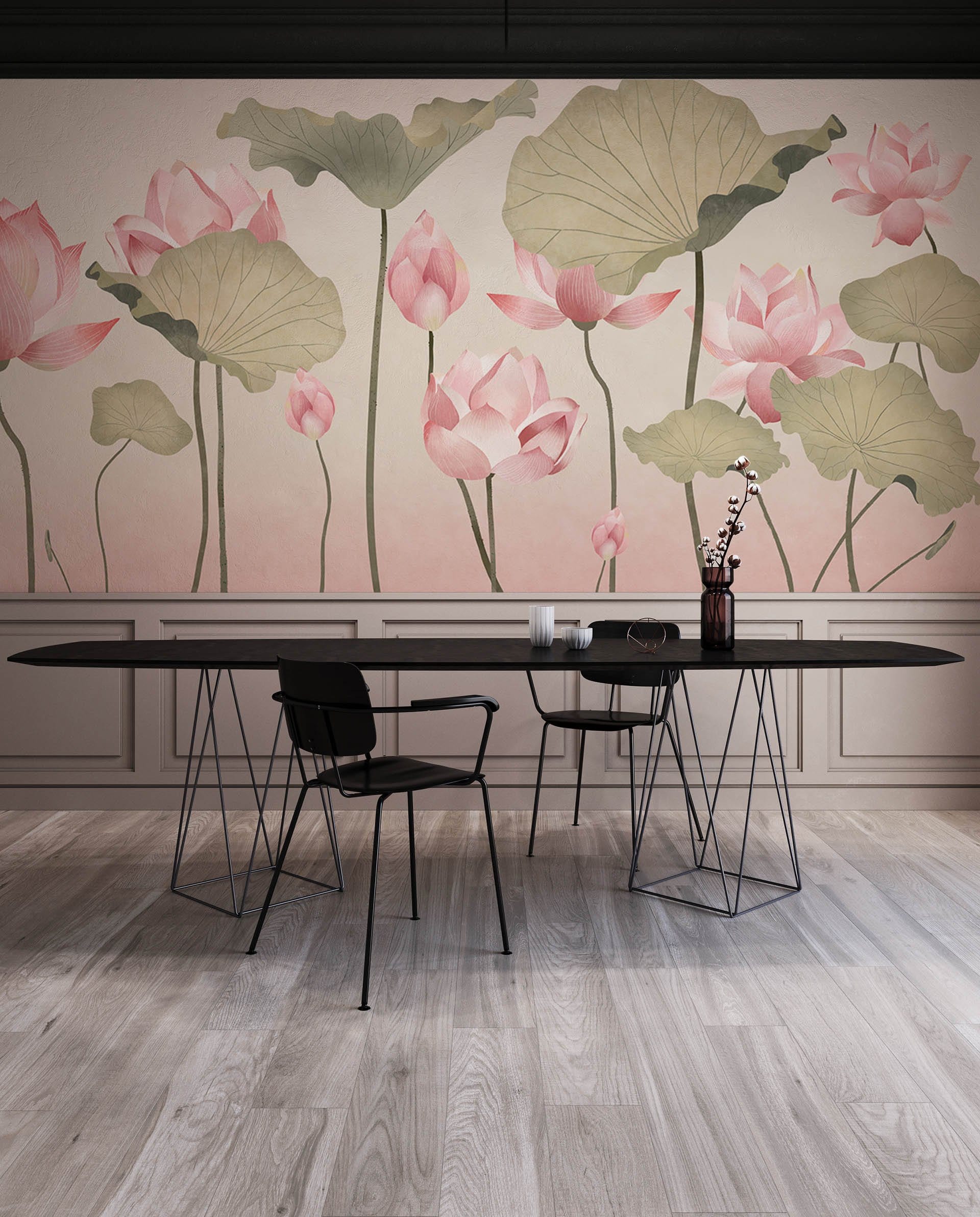 Wallpaper mural with lotus flowers for use in decorating the dining room
