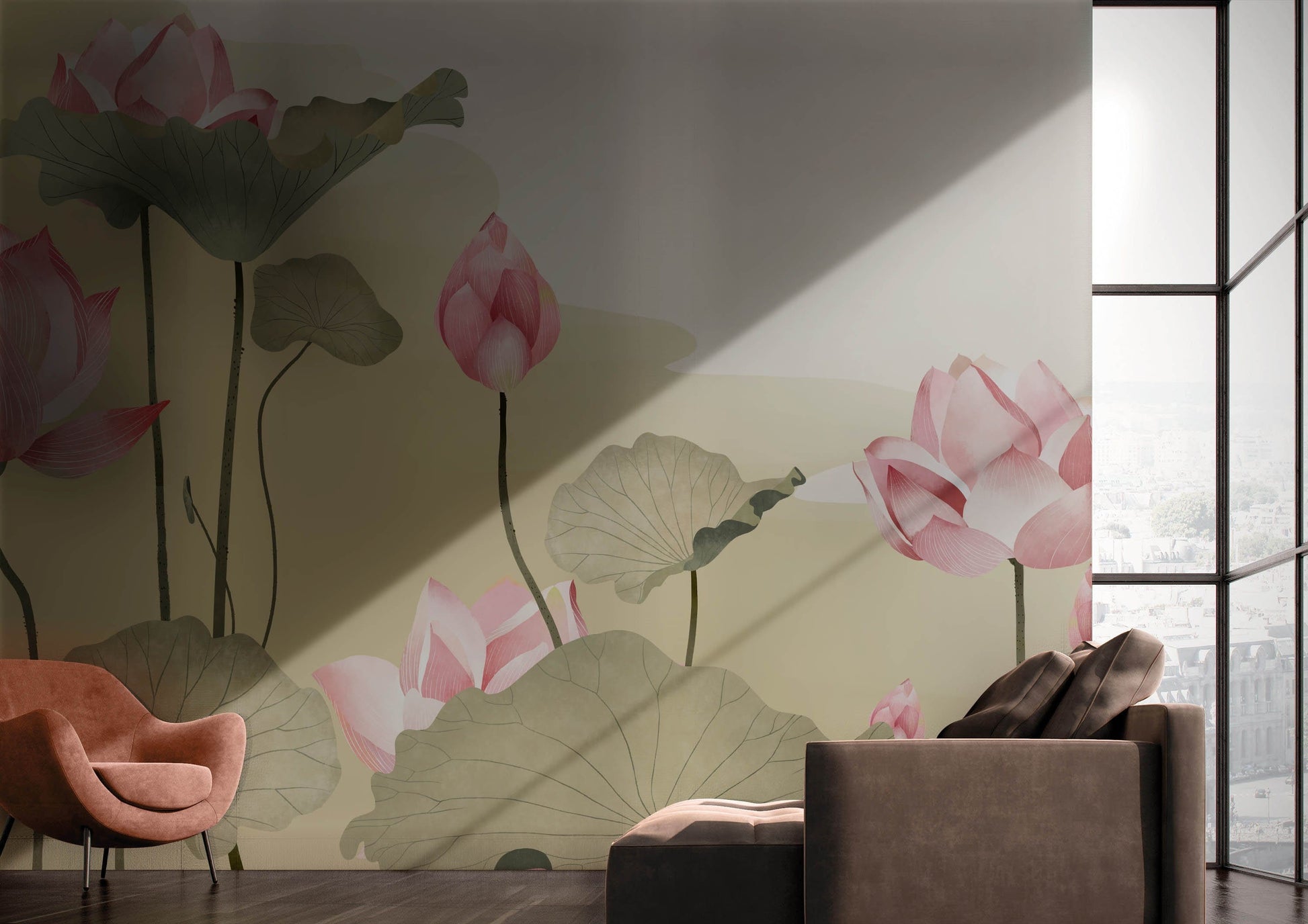 Living Room Decoration Featuring a Lotus Flower Wallpaper Mural