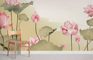 Elegant Pink Lotus Floral Mural Wallpaper