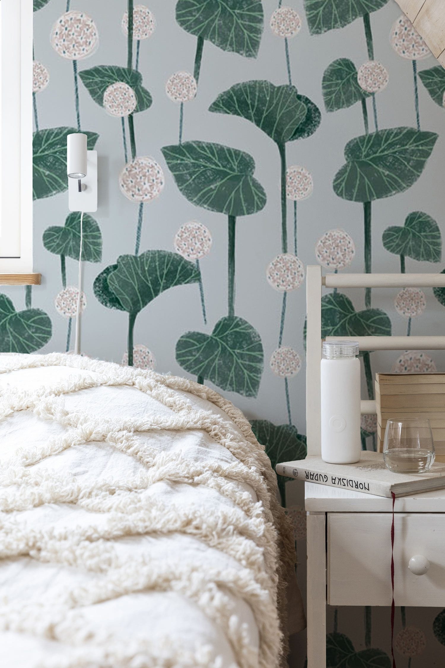 Wallpaper mural with lotus leaves for use in decorating bedrooms