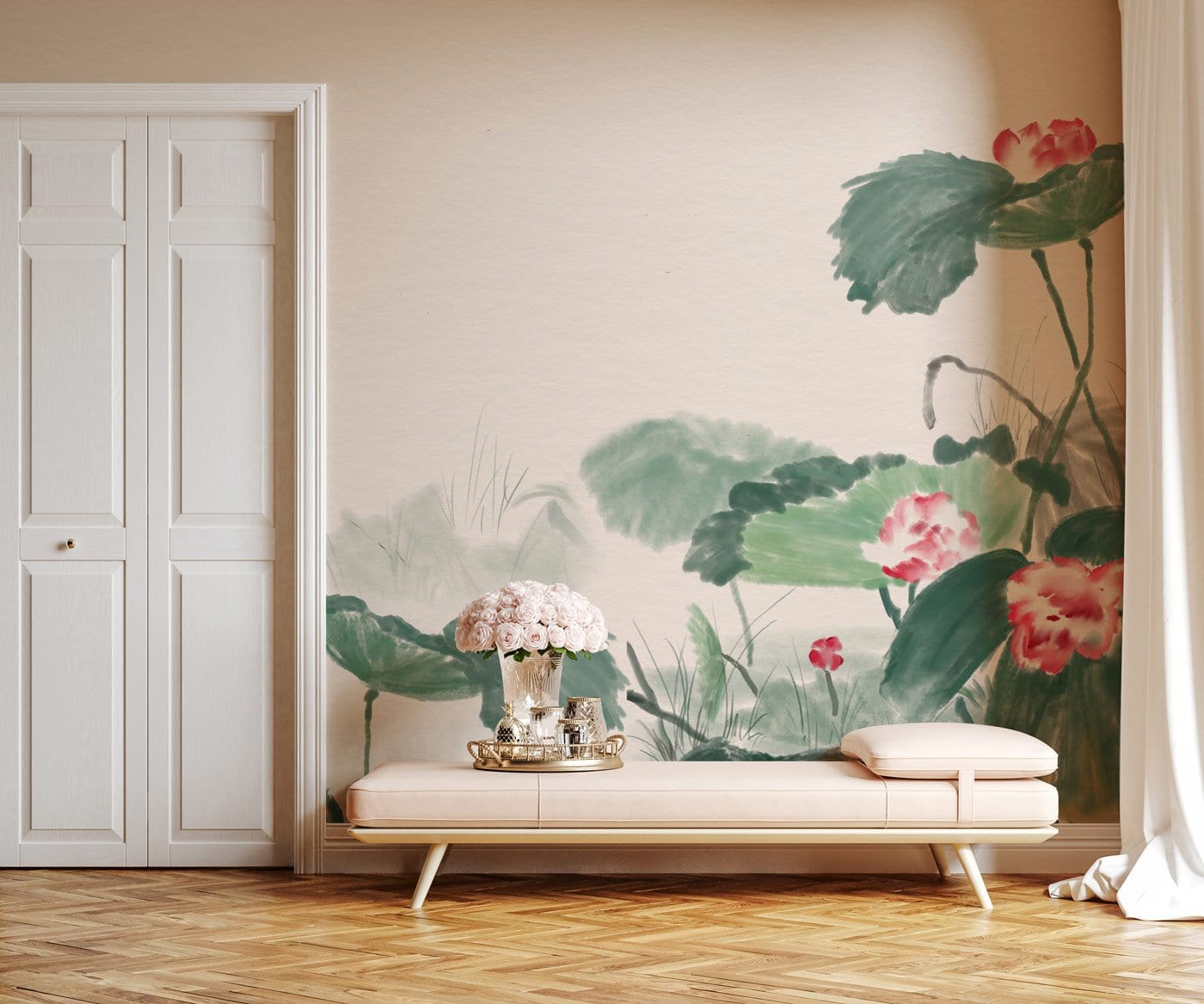 Mural Wallpaper in the Form of a Watercolor Lotus Flower for the Hallway Decor