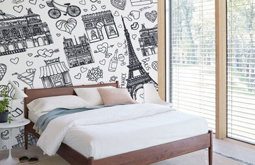 Chic Parisian Doodle Monochrome Mural Wallpaper