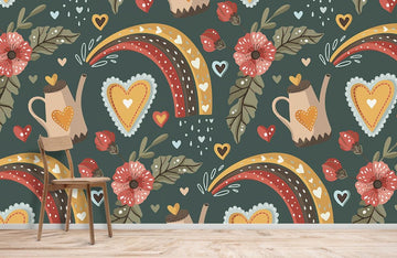 Whimsical Botanical Heart Rainbows Mural Wallpaper