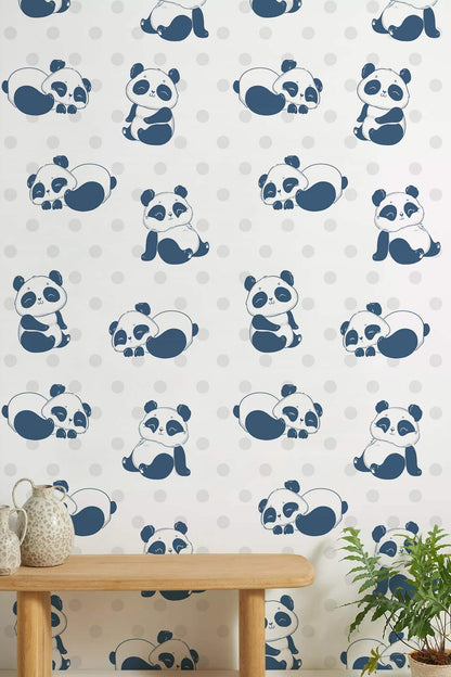 Blue Panda Nursery Playful Mural Wallpaper in child's room