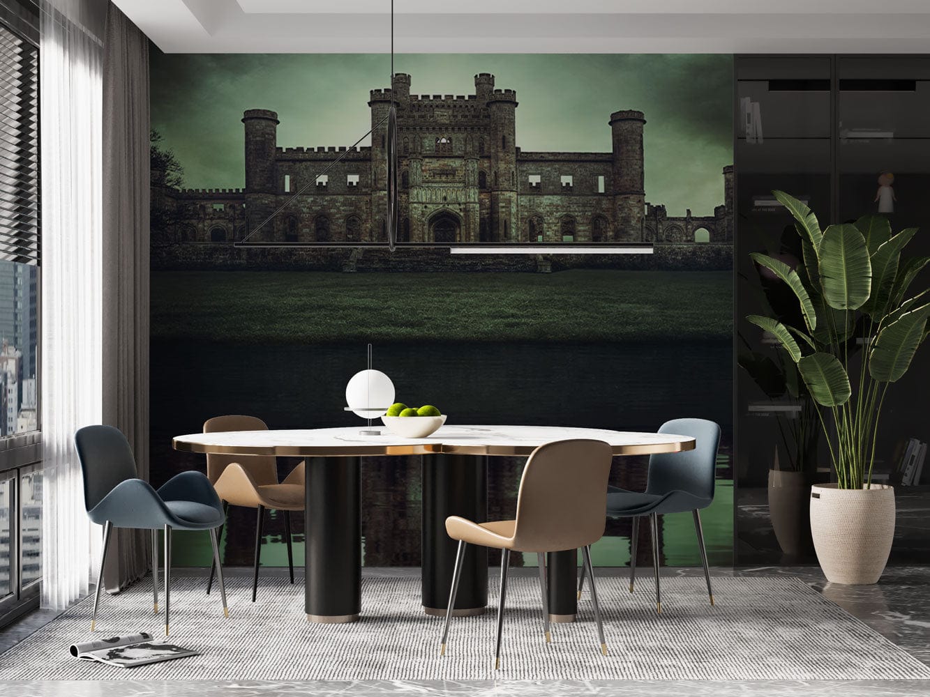 Wallpaper mural featuring the Lowther Castle and Gardens Scenery for use in decorating the dining room.