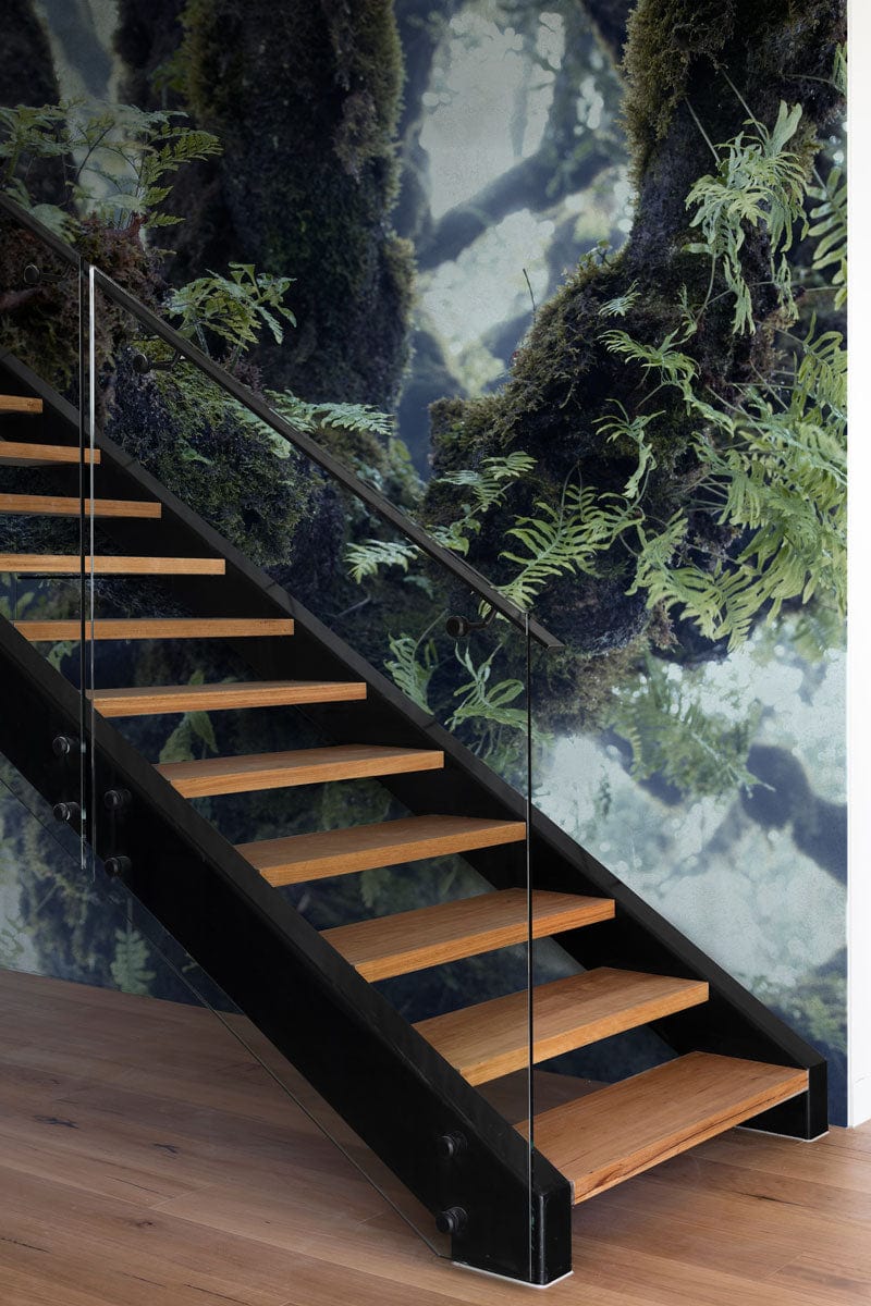 hallway design with green forest leaves wallpaper mural