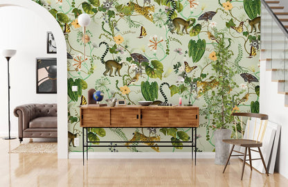 Exotic Jungle Animal Print Mural Wallpaper in living room