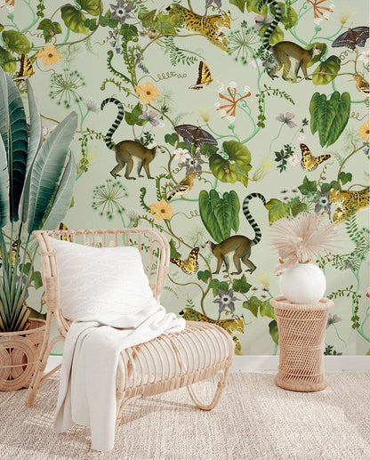 Exotic Jungle Animal Print Mural Wallpaper in living room